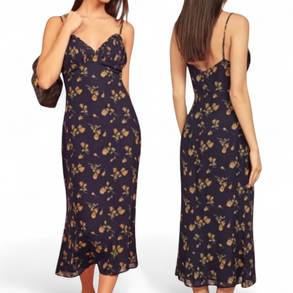 REFORMATION Navy Blue Fawn Floral MIDI Slip Dress Sz 2 EUC